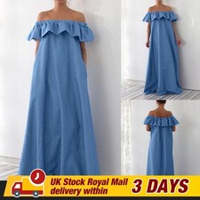 UK Women Frilled Cold Shoulder Maxi Dress Strappy Beach Holiday Kaftan Sundress