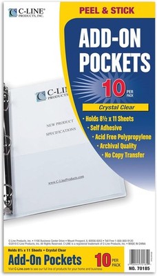 C-Line Self-Adhesive Add-On Filing Pockets, 8-3/4 x 5-1/8, 10 per pack, Clear 