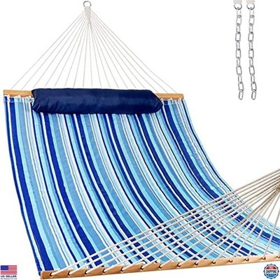 Lazy Daze 12FT Quilted Double Hammock - Blue Stripes, Durable Bars, Comfy Pillow