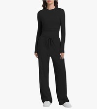 2 Piece Lounge Sets for Women Fall Outfits Long Sleeve Wide Leg Black Medium