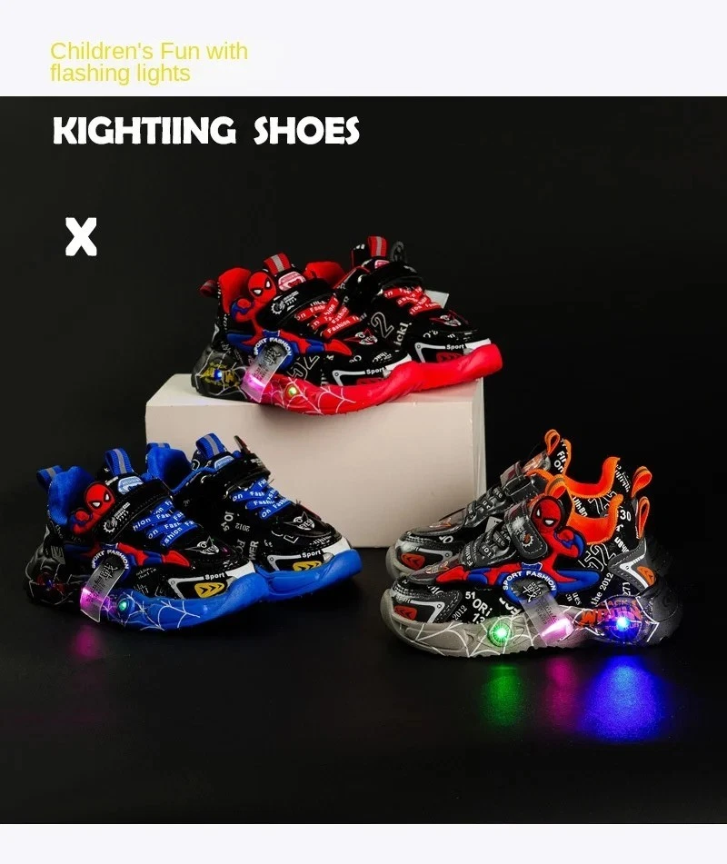 Tenis informales LED rojos negros para primavera niños Spiderman zapatos al aire libre niños Foto 3 de 4