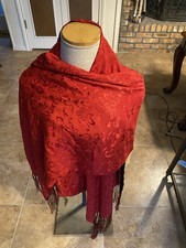 Holiday Xmas Blk /Red VELVET SILK SHAWL WRAP Scarf W/Fringe. Reversible 74 X 20