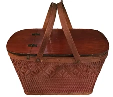 REDMAN Picnic Basket Vintage 1960's Red and Brown Woven Wicker Design 18.5  Long