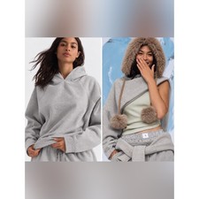 Anthropologie Daily Practice Sparkle-Trim Light Gray Crewneck Hoodie Sweater