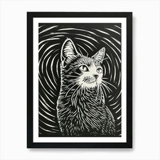 Manx Cat Linocut Blockprint 3 Art P Framed Wall Art Poster Canvas Print Picture