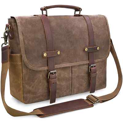 Umhängetasche Messenger Bag 15,6 Zoll wasserdicht Vintage Echtleder gewachstes Canvas
