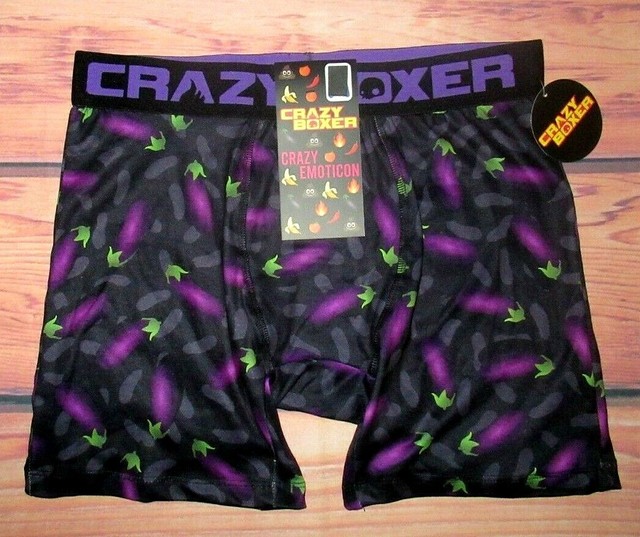 MENS CRAZY BOXER EMOTICON EGGPLANT BLACK PURPLE BOXER BRIEF SIZE S (28/