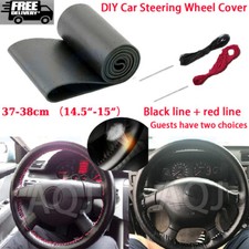 Genuine Leather DIY Car Steering Wheel Cover Anti-slip For 15"/38 cm Black US
