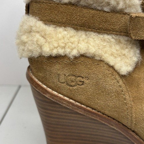 UGG Anais Chestnut Fur Suede Wedge Booties Platform Ankle Boots Womens Buckle - Picture 3 of 8