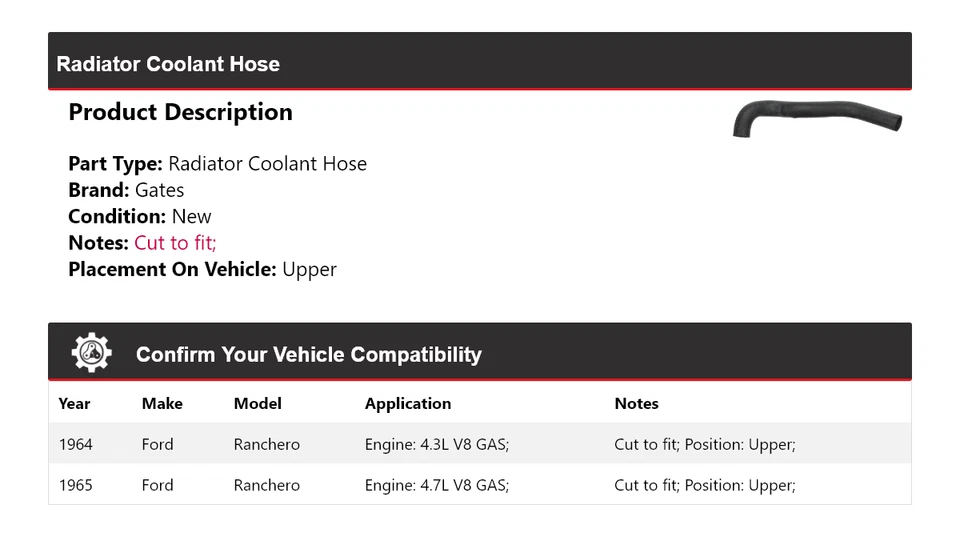 Manguera de refrigerante de radiador puertas superiores para Ford Ranchero 1964-1965 Foto 2 de 4