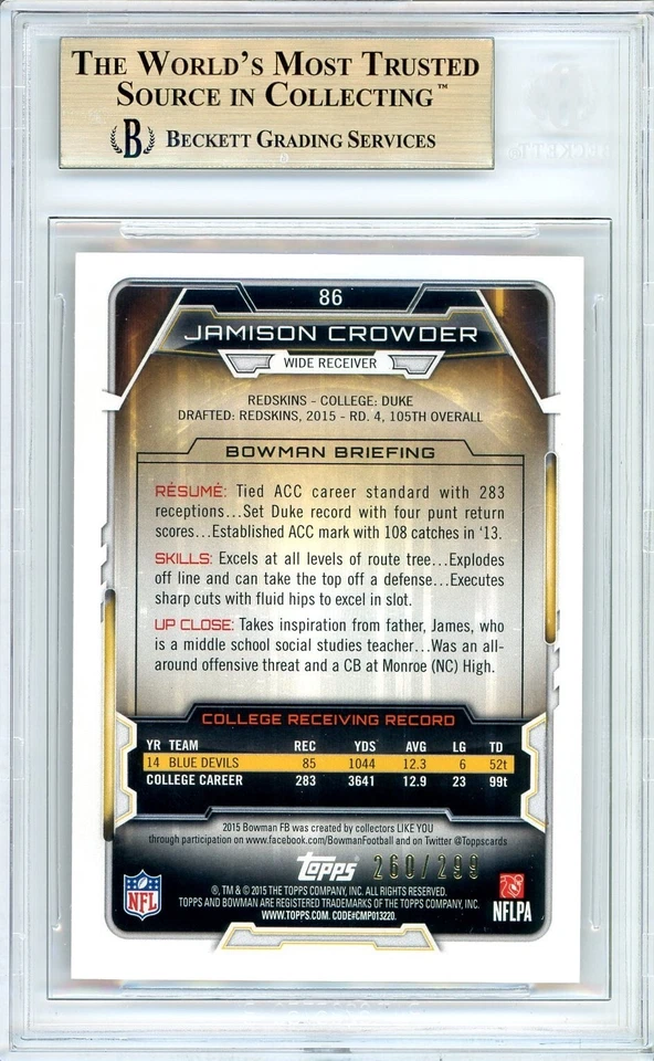 POP 1: Jamison Crowder RC BGS 9.5: 2015 Bowman Rainbow Orange Rookie Gisto /299 - Image 2 of 2
