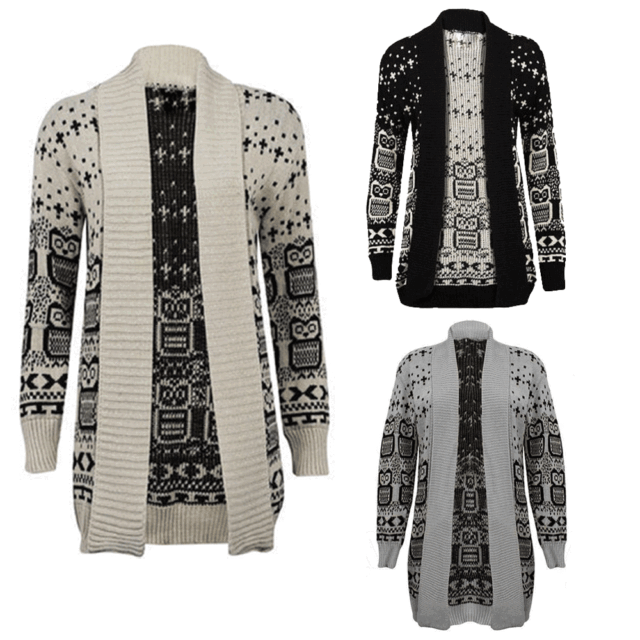 Women's Ladies Owl Print Knitted Long Sleeve Jumper Open Cardigan Plus Size 8-26 Women's Ladies Owl Print Knitted Long Sleeve Jumper Open Cardigan Plus Size 8-26