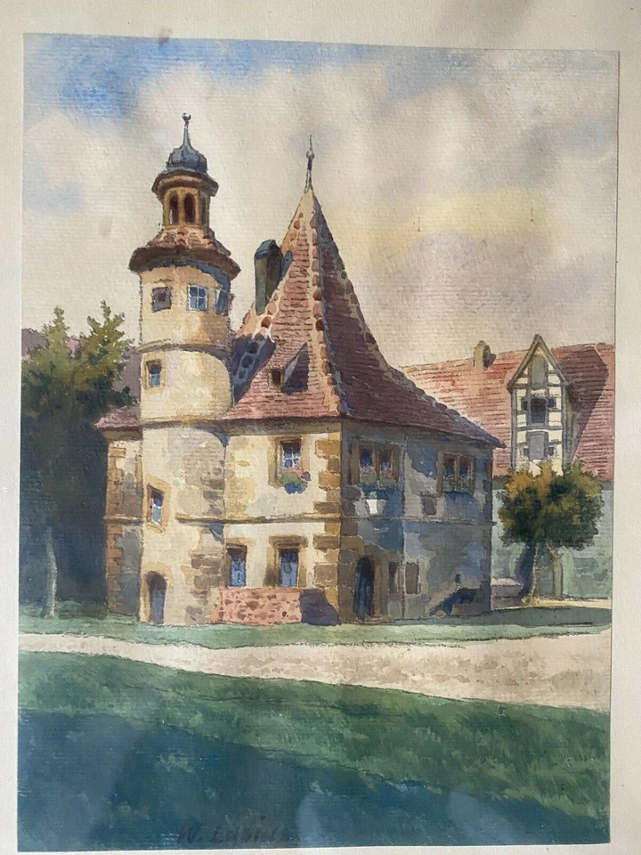 ::AQUARELL BURG SCHLOSS RENAISSANCE RATHAUS °ROTHENBURG O. TAUBER RAHMEN ANTIK - Bild 2 von 4
