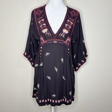 Free People Tulum Embroidered Aztec Boho V-Neck Kimono Sleeve Mini Dress XS