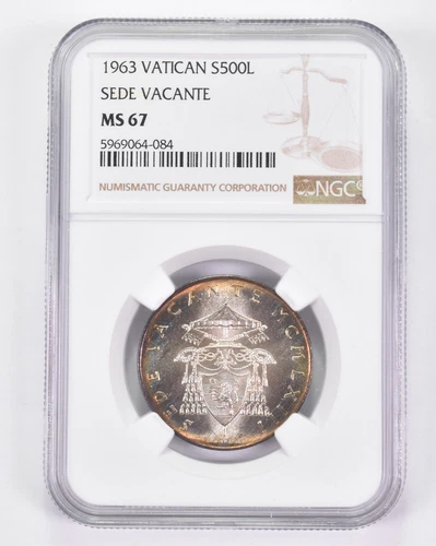 MS67 1963 Vatican 500 Lire Silver - Sede Vacante - Graded NGC Toned! *8983