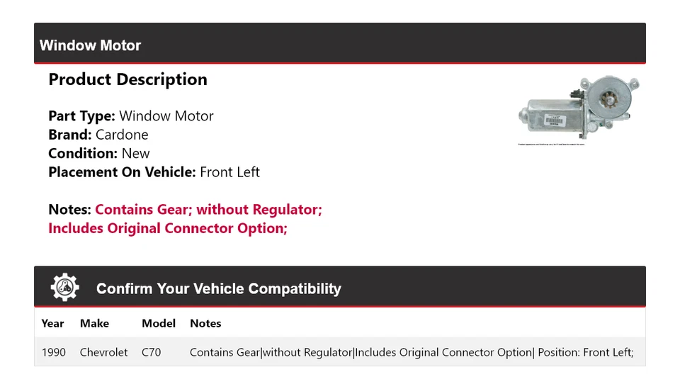 Chevrolet C70 1990 ventana motor delantero izquierdo cardone Foto 2 de 4