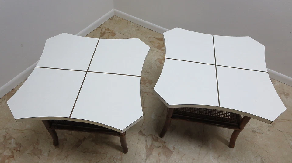 pair vintage mid century rattan brass inlay lamp end tables regency bamboo - Image 4 of 4