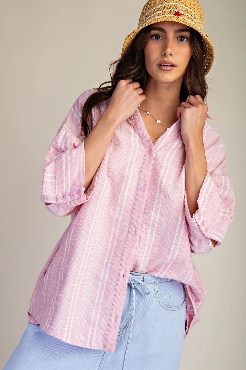 Easel Relaxed Striped Button-Down 3/4 Sleeve Top in Pink