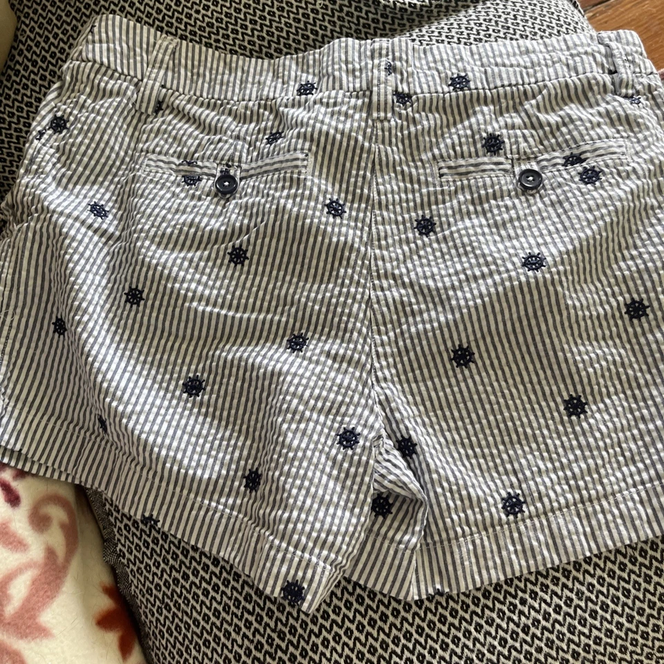 Pantalones Cortos Caqui Británicos Mujer Azul Blanco Rayas Algodón Talla 8  Foto 4 de 4