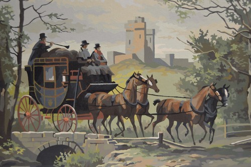 Vintage Malen nach Zahlen PBN Pferdekutsche Brücke Schloss 24"x18" GROSSES Gemälde - Bild 8 von 20