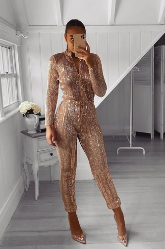 Fashion Nova size Medium Women’s Rose Gold Sequin Jumpsuit NWT - Picture 2 of 14