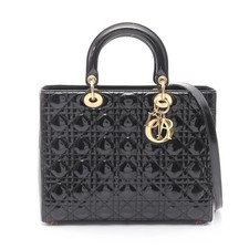 CHRISTIAN DIOR Dior Large Cannage Handbag Enamel Leather Black 2-Way #RC2077