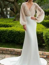 Elegant V-neck Mermaid Wedding Dresses Sequin Puffy Sleeve Backless Bridal Gowns