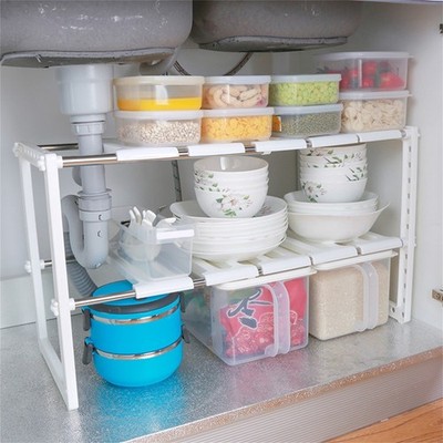 Multi Functional 2 Layer Commodity Shelf Retractable Adjustable Storage Rack SET