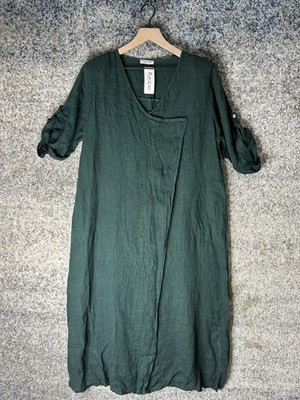 Puro Lino Dress Womens One Size Green Linen Asymmetric Shift 3/4 Sleeve Italy