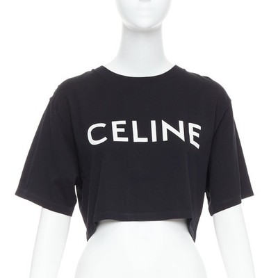CELINE black cotton white big logo crop casual crew neck tshirt S