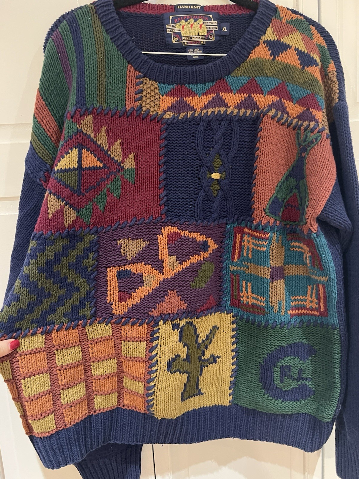 VINTAGE Chaps Ralph Lauren CRL Patchwork Tribal Aztec Cactus Hand Knit Sweater