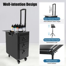 Rolling Tattoo Case Portable Makeup Suitcase w/Tattoo Hand Rest Bracket Black