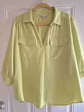 COUNTERPARTS Blouse - XL - Pt. Collar w/V-Neck, 3/4 Slvs w/Btn Cuff, Curved Hem