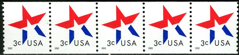 SC# 3615 - 2002 - 3¢ - Star Coil  Strip of 5