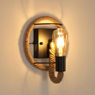 Industrielle Retro Wandleuchte, Hanfseil Wandlampe Rustikal Vintage E27 Schwarz  - Bild 1 von 4