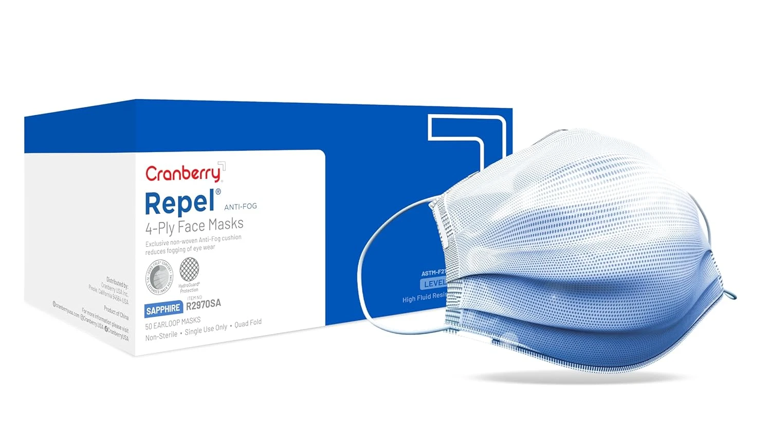 R2970Sacase Repel 4-Ply Ear Loop Face Mask, Anti-Fog, ASTM Level 3, Sapphire (Pa