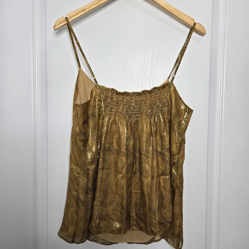 Blusa sin mangas Club Monaco Top Mujer Grande Seda Bebé Muñeca Dorado Metálico Foto 3 de 4