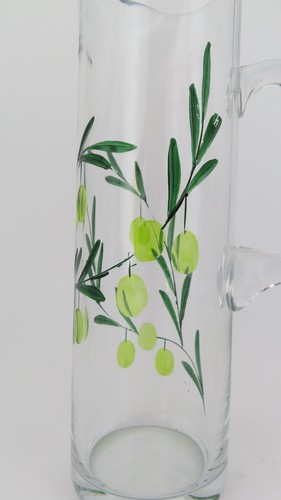 Clear Glass Pitcher Decanter with Olives Branches Colored Etched Design 10.75“H - Picture 10 of 12