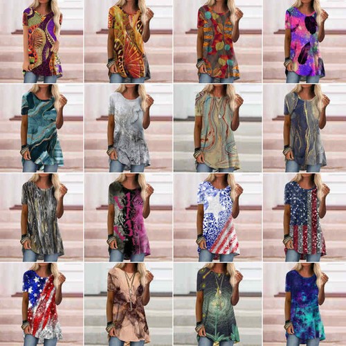 Ladies Tunic Long Tops Shirts Blouse Plus Size Summer Print Pullover T-shirt Tee - Picture 11 of 60