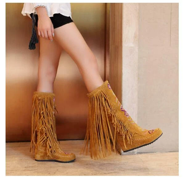 Otoño Dama Informal Bohemia Gamuza Borla Bordado Mocasín Botas hasta la Rodilla Zapatos Foto 2 de 4