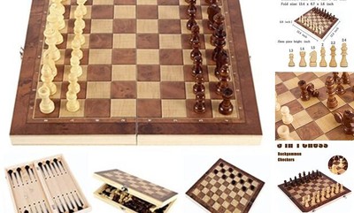 Chess Set，Folding Storage Wooden Chess Board Sets，3 in 1 Chess 13.4x13.4 inches