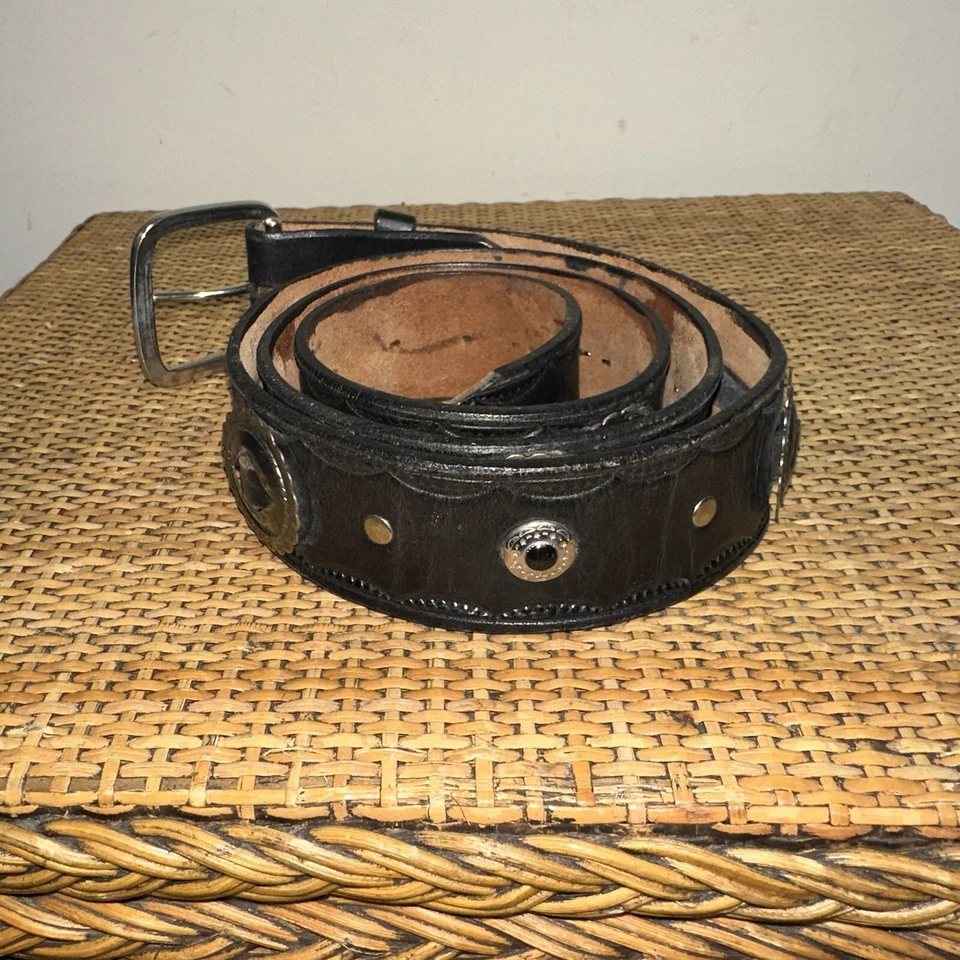 Cinturón vaquero vintage de cuero negro concho Western hebilla de platero México Foto 3 de 4