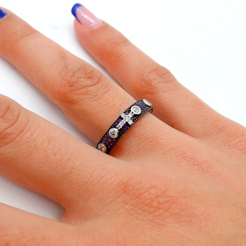 ANELLO ROSARIO BLACK RODIUM CON ZIRCONI BIANCHI E AMETISTE IN ARGENTO 925 RODIO - Immagine 2 di 2