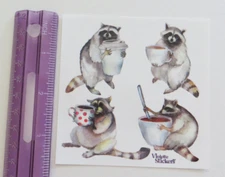 Violette Stickers - RACCOONS WITH COFFEE - 4x4 Square Sheet NEW Stickers #K199