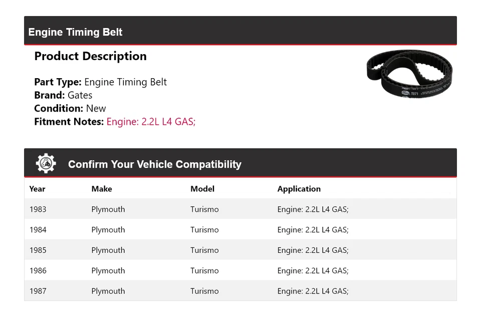 Puertas de correa de distribución para motor Plymouth Turismo 1983-1987 2,2 L L4 GAS 1984 1985 Foto 2 de 4