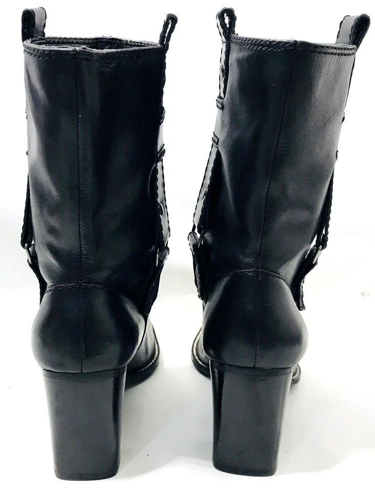 Botas de passeio Aerosols femininas pretas de couro de panturrilha média cravejadas puxar motociclista tamanho 8.5 - Imagem 3 de 4