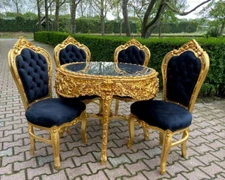 Table with Chairs Italian Baroque Rococo Dining Set in Gold Leaf & Velvet Seats