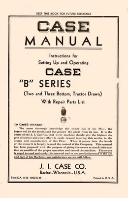 CASE B Series Two Three Bottom Plow Operators Manual