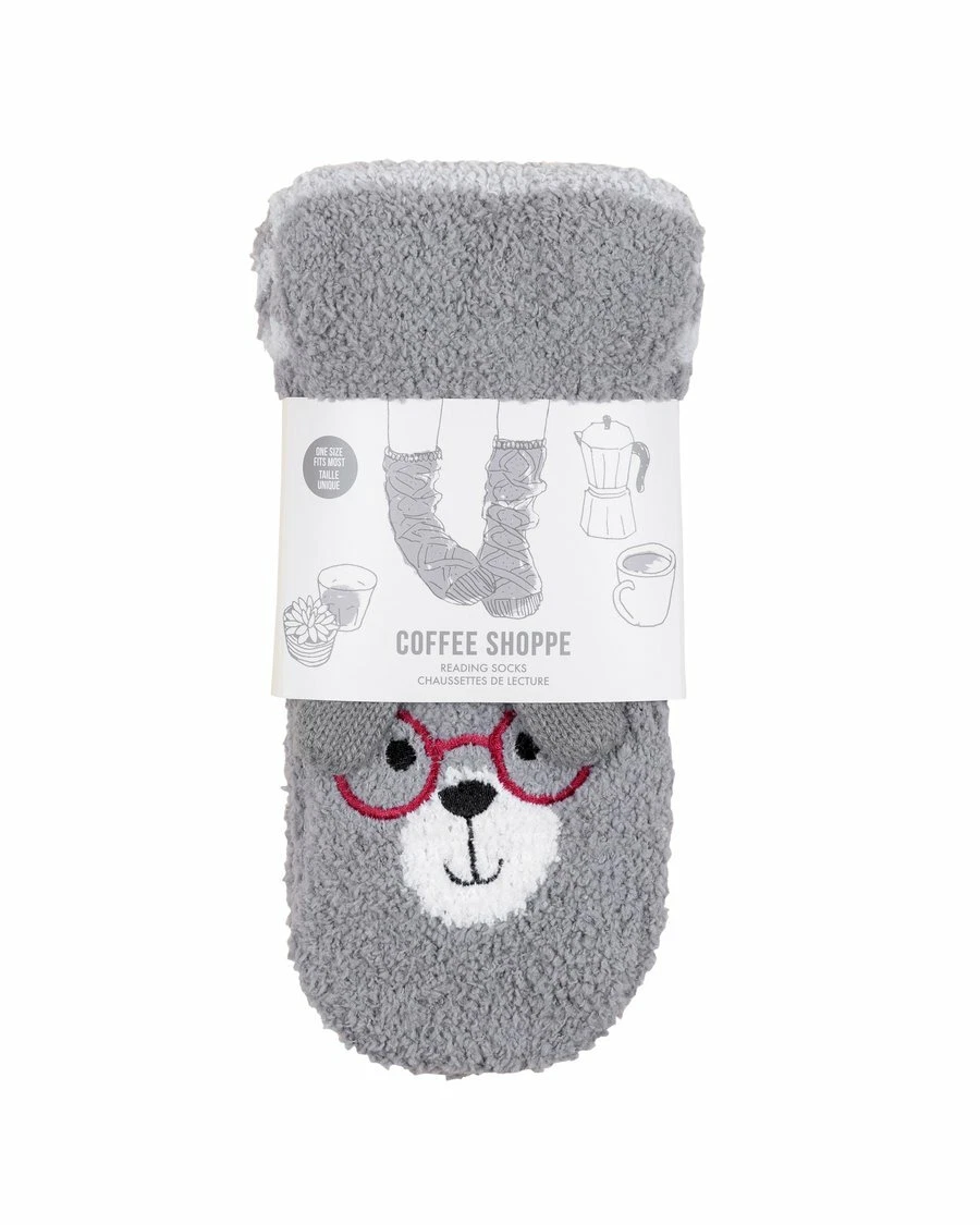 Dog in Glasses 60053D Non Slip Ultra soft Slipper Socks Coffee Cup Grippers Grey