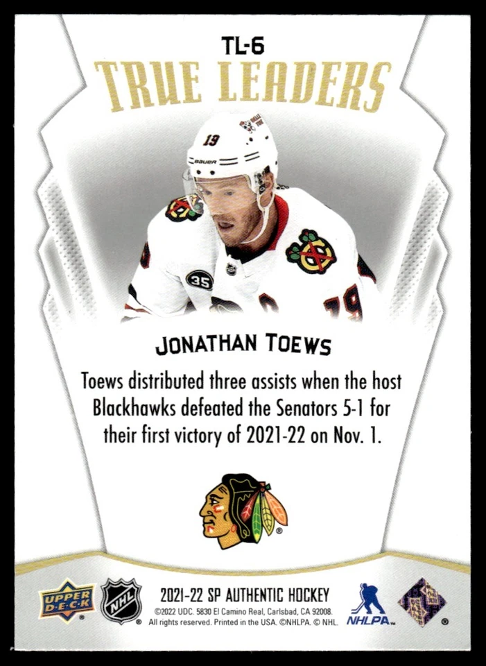 2021-22 SP Authentic True Leaders Jonathan Toews Chicago Blackhawks #TL-6 - Image 2 of 2